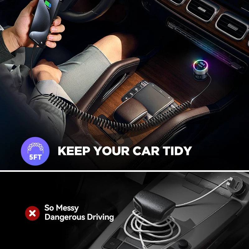 60W Bluetooth 5.4 FM Transmitter PD QC 3.0 Super Fast Car Charger Dual Mics Hifi Deep Sound USB C Car Charging Adapter