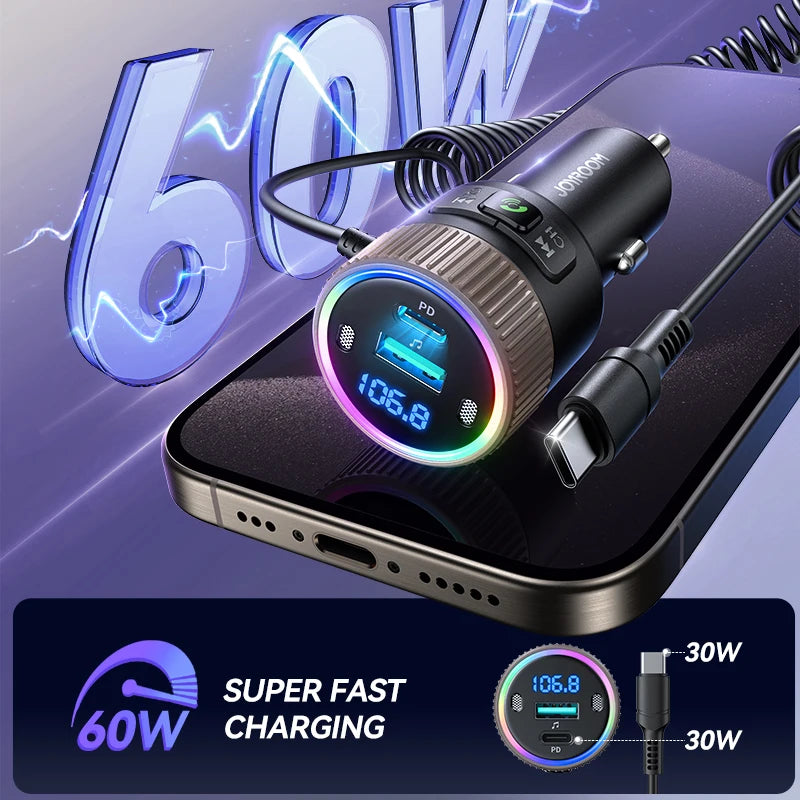 60W Bluetooth 5.4 FM Transmitter PD QC 3.0 Super Fast Car Charger Dual Mics Hifi Deep Sound USB C Car Charging Adapter