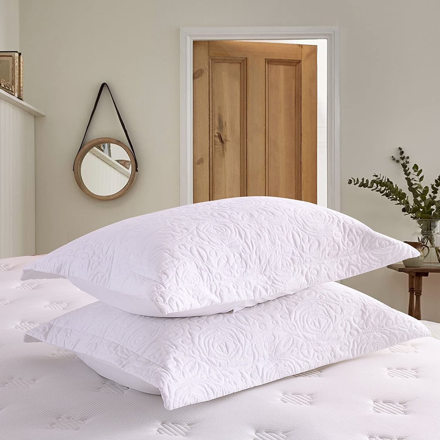 2-Piece Embroidered Pillow Shams, King Decorative Microfiber Pillow Covers Set, King Size (White)