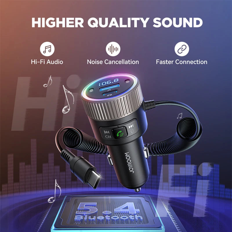 60W Bluetooth 5.4 FM Transmitter PD QC 3.0 Super Fast Car Charger Dual Mics Hifi Deep Sound USB C Car Charging Adapter