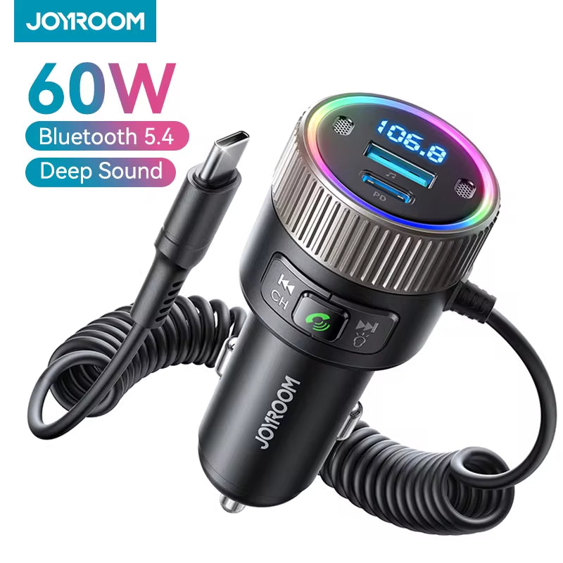 60W Bluetooth 5.4 FM Transmitter PD QC 3.0 Super Fast Car Charger Dual Mics Hifi Deep Sound USB C Car Charging Adapter